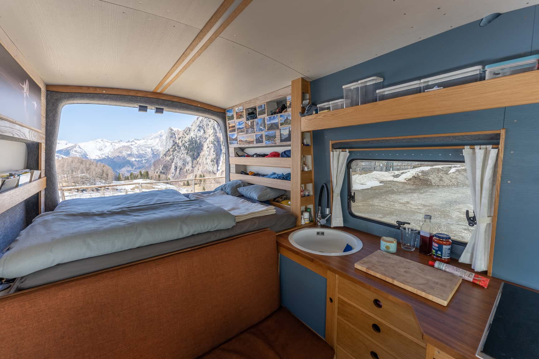View through the large rear doors of the Ford Transit conversion