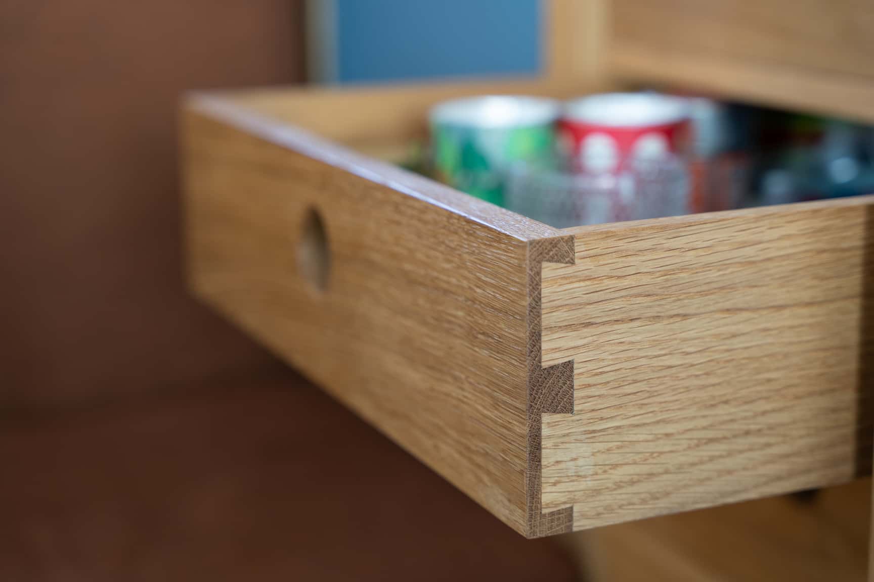 Traditional dovetail joints of the drawers in the Ford Transit 4x4 conversion